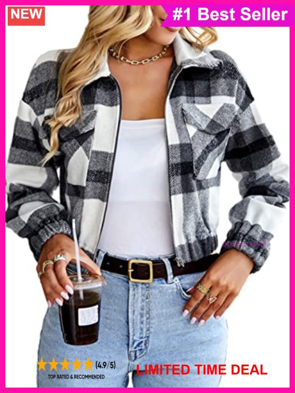 Women's Cropped Plaid Flannel Shacket Zip Up Shirt Jacket